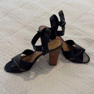 Crown Vintage Black Strappy Heels with Wooden Block Heel